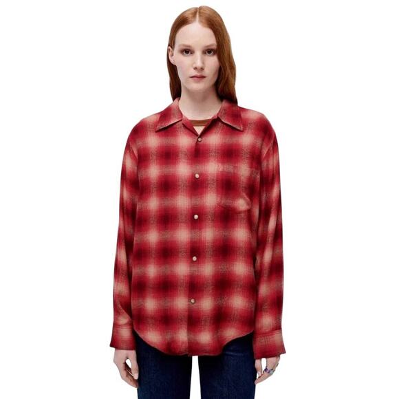 Re/Done 60s Burgundy Tan Plaid Long Sleeve Flannel Shirt Size S - Picture 1 of 9